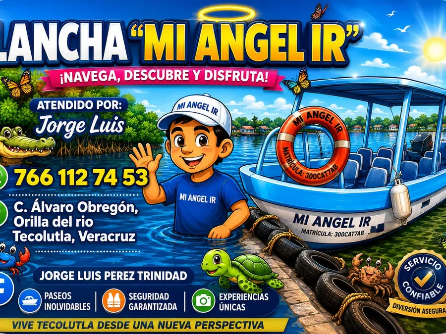 Flyer promocional de Lancha Mi Ángel IR con el capitán Jorge Luis y la lancha