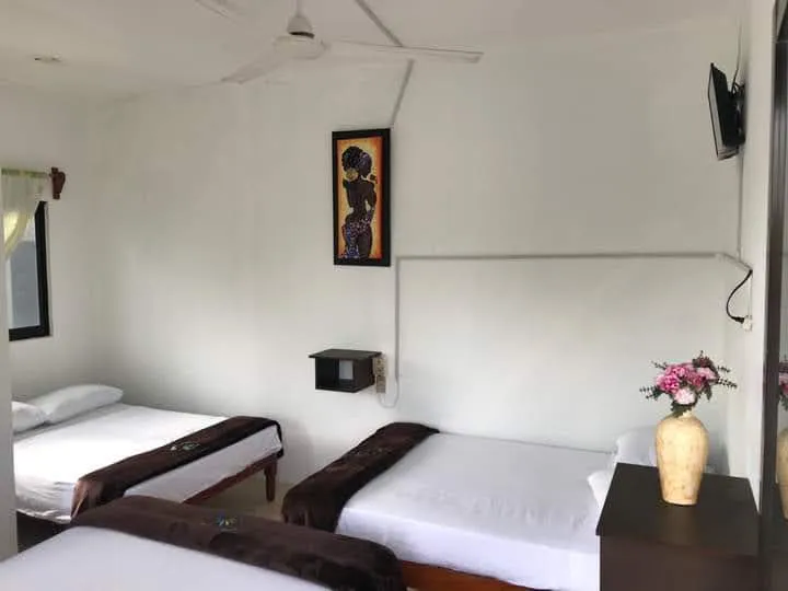 Habitación de Hotel Luna con dos camas, televisión y ventilador de techo