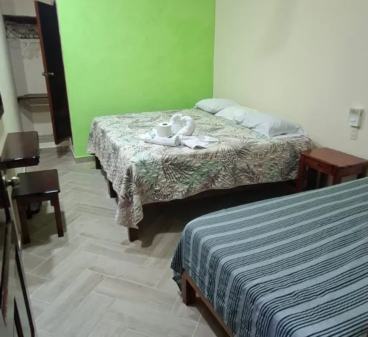Habitación de Casa Llanos en Tecolutla con pared verde y dos camas