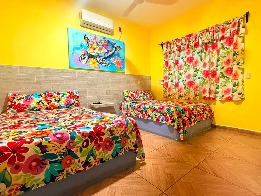 Habitación climatizada con cuadro de tortuga de Casa Vía Mar en Tecolutla