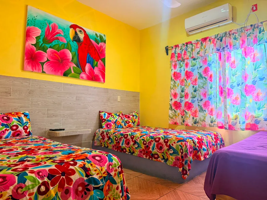 Habitación con cuadro de guacamaya roja de Casa Vía Mar en Tecolutla
