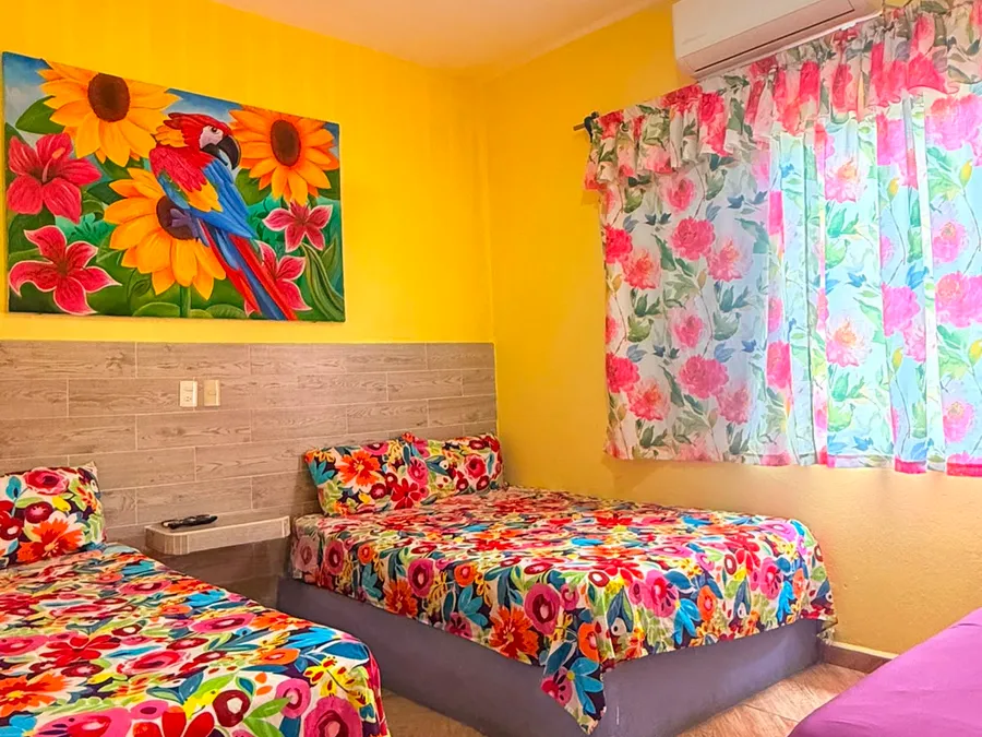 Habitación con aire acondicionado y cuadro de guacamaya de Casa Vía Mar en Tecolutla